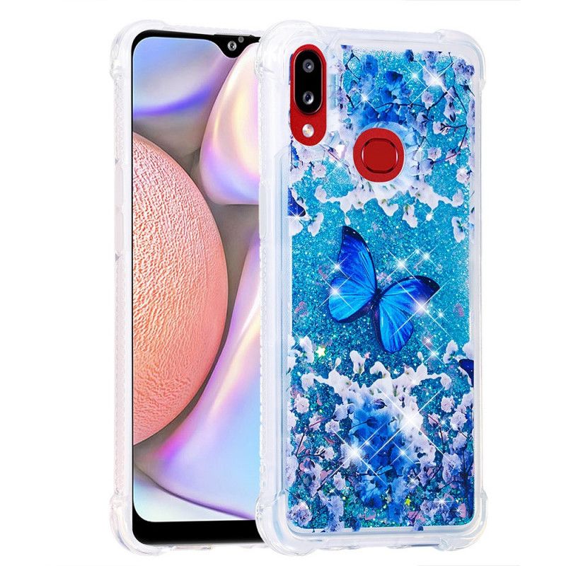 Futerały Samsung Galaxy A10s Etui na Telefon Niebieskie Motyle Z Brokatem