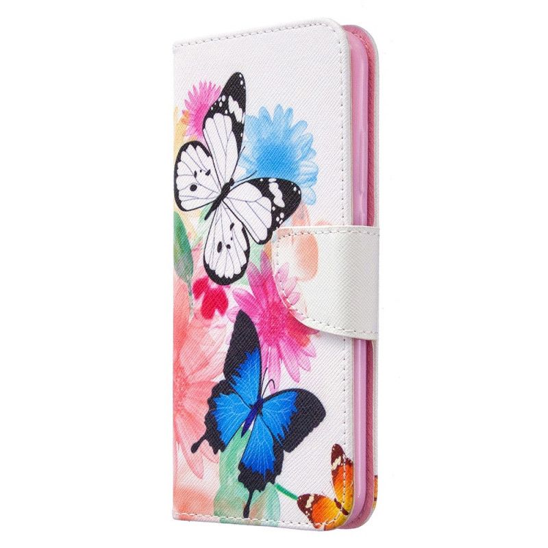 Etui Folio Huawei P40 Lite E / Y7p Jasnoniebieski Magenta Malowane Motyle I Kwiaty