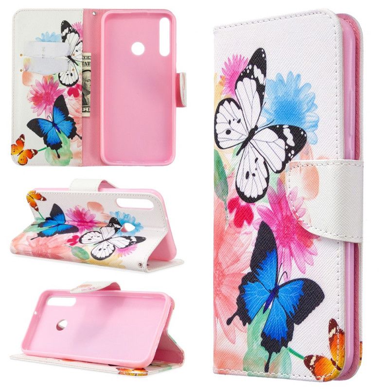 Etui Folio Huawei P40 Lite E / Y7p Jasnoniebieski Magenta Malowane Motyle I Kwiaty