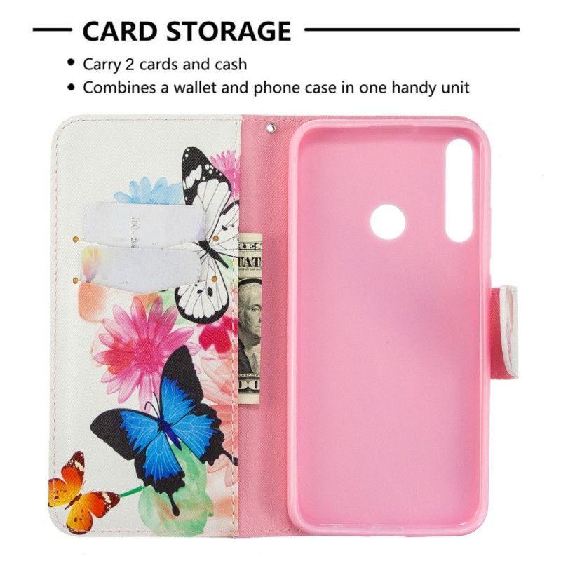 Etui Folio Huawei P40 Lite E / Y7p Jasnoniebieski Magenta Malowane Motyle I Kwiaty