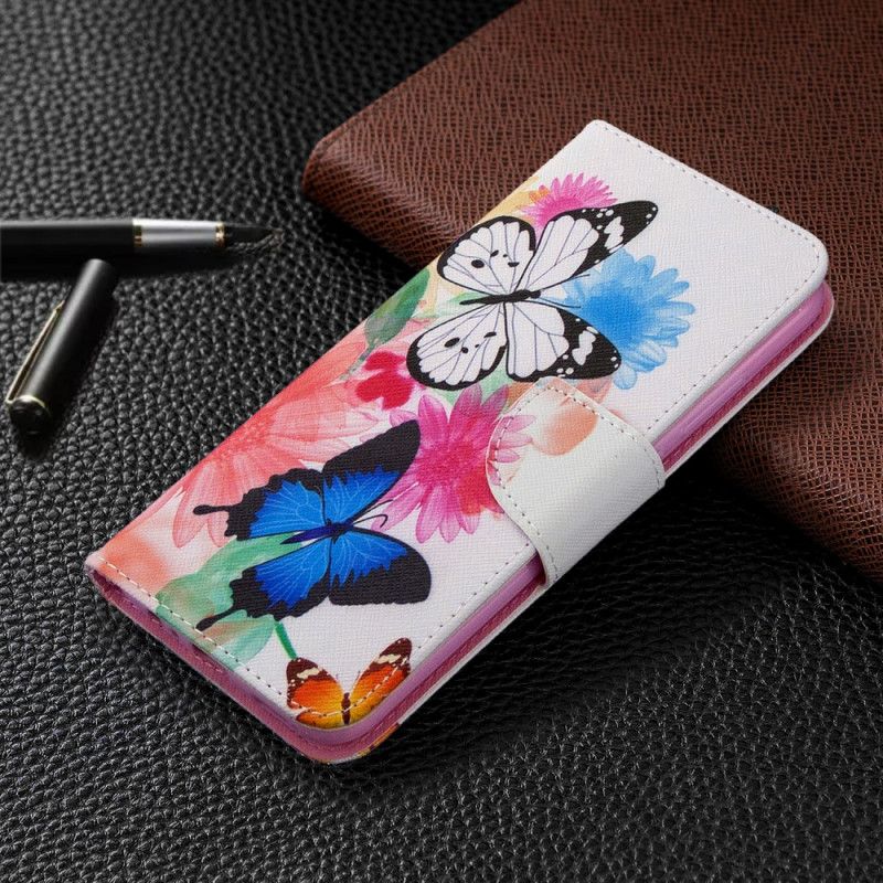 Etui Folio Huawei P40 Lite E / Y7p Jasnoniebieski Magenta Malowane Motyle I Kwiaty