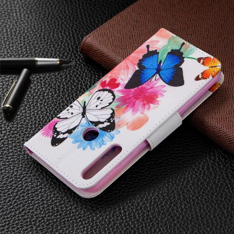 Etui Folio Huawei P40 Lite E / Y7p Jasnoniebieski Magenta Malowane Motyle I Kwiaty