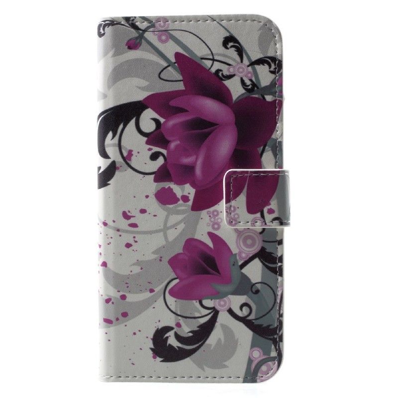 Etui Folio iPhone X Purpurowy Kwiaty Tropikalne Etui Ochronne