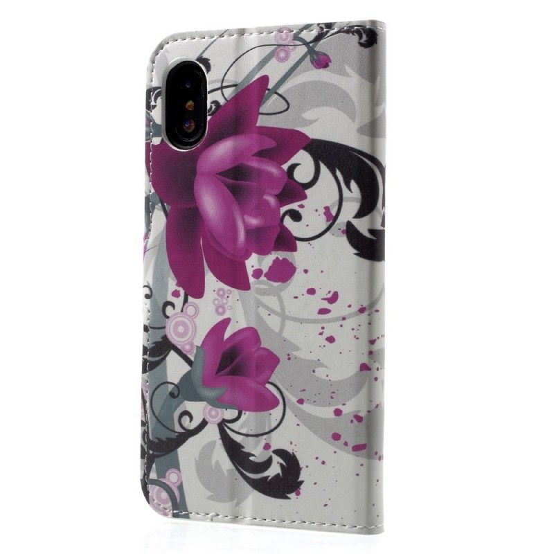 Etui Folio iPhone X Purpurowy Kwiaty Tropikalne Etui Ochronne