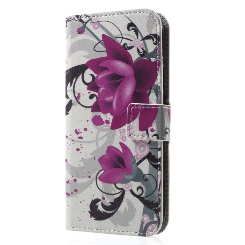 Etui Folio iPhone X Purpurowy Kwiaty Tropikalne Etui Ochronne