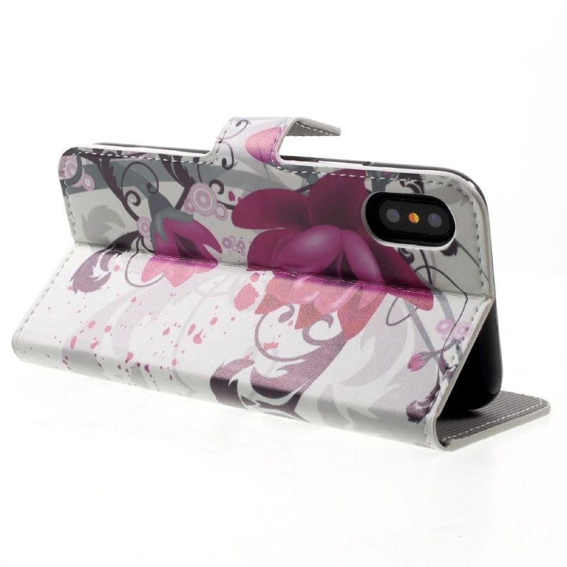 Etui Folio iPhone X Purpurowy Kwiaty Tropikalne Etui Ochronne