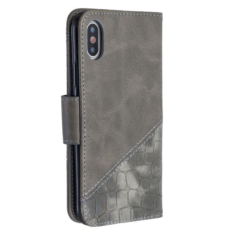 Etui Folio iPhone X Szary Czarny Klasyczny Efekt Skóry Krokodyla Etui Ochronne