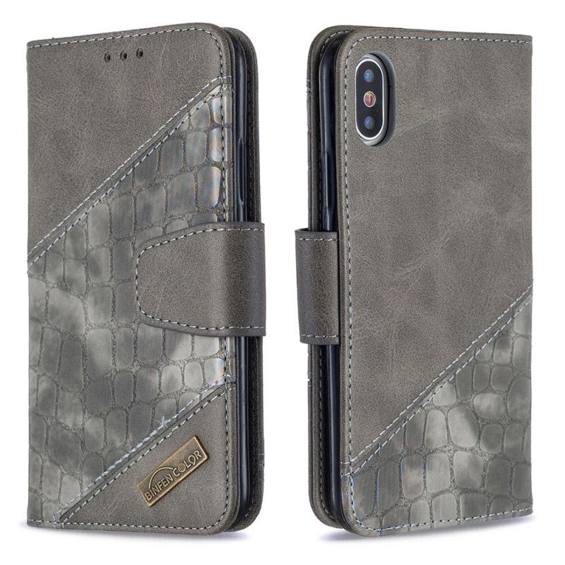 Etui Folio iPhone X Szary Czarny Klasyczny Efekt Skóry Krokodyla Etui Ochronne