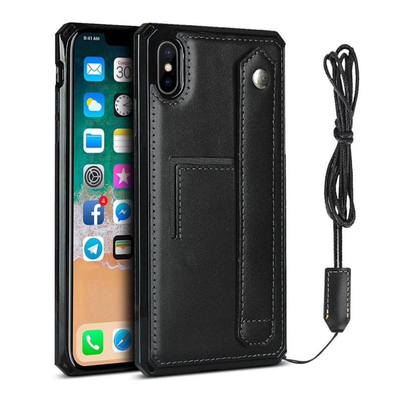 Etui iPhone X Czerwony Czarny Pasek I Smycz Z Prawdziwej Skóry Etui Ochronne