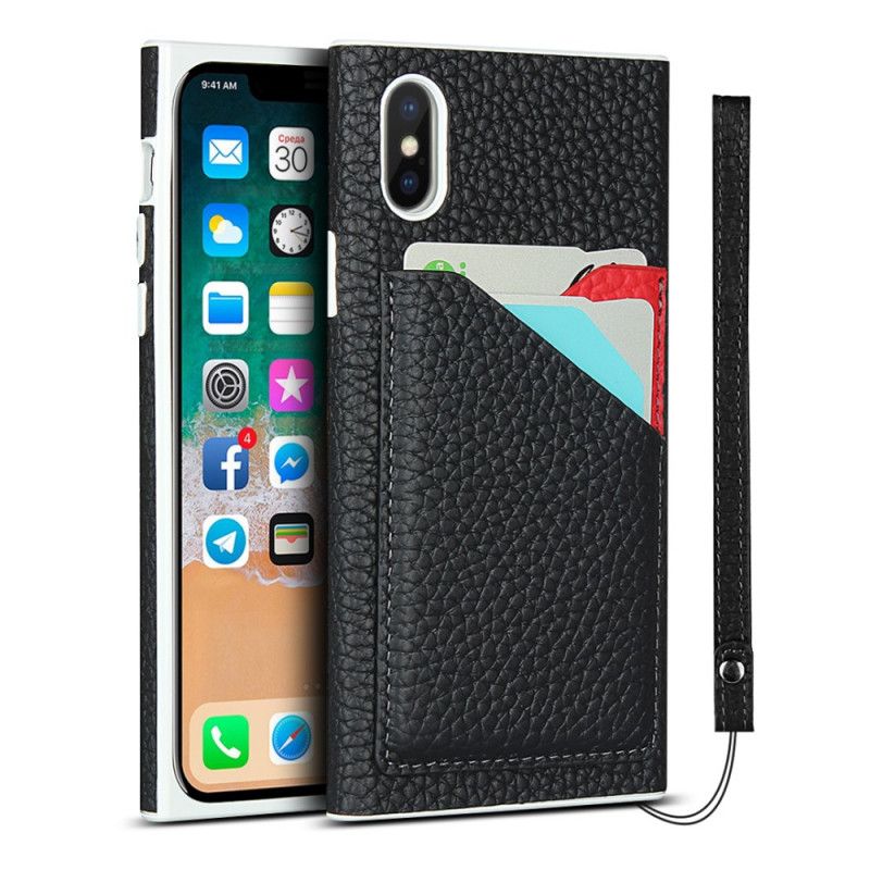 Etui iPhone X Szary Czarny Etui Na Karty Z Prawdziwej Skóry Liczi Ze Smyczą Etui Ochronne