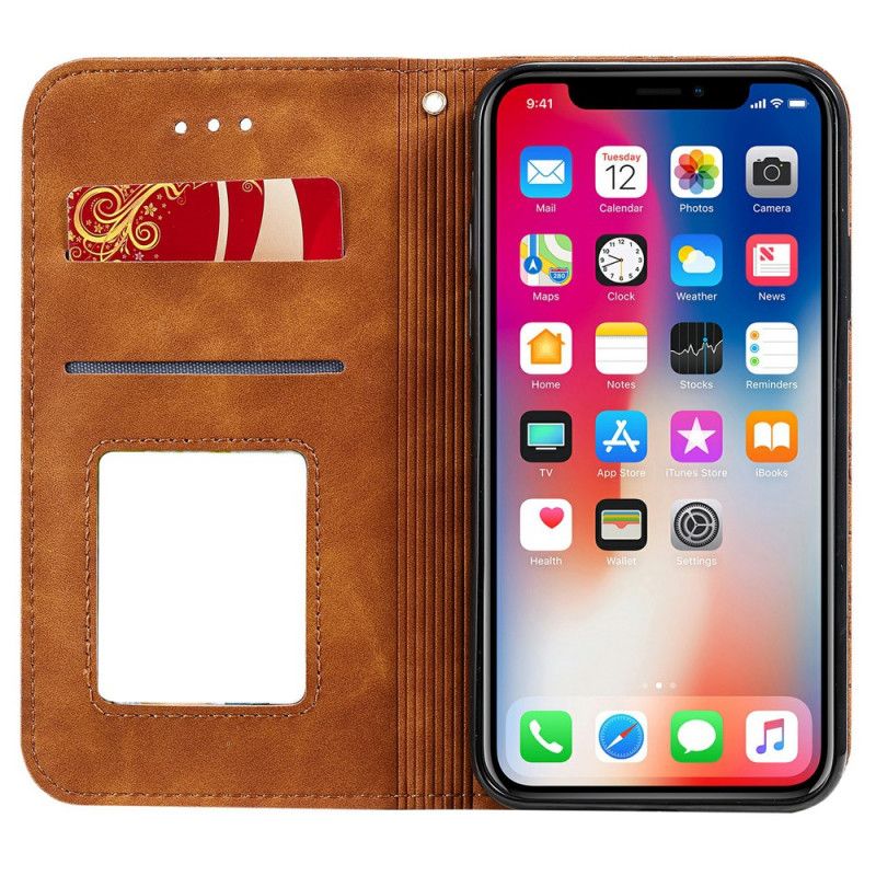 Flip Kotelot iPhone X Granatowy Zielony Barokowe Kwiaty Etui Ochronne