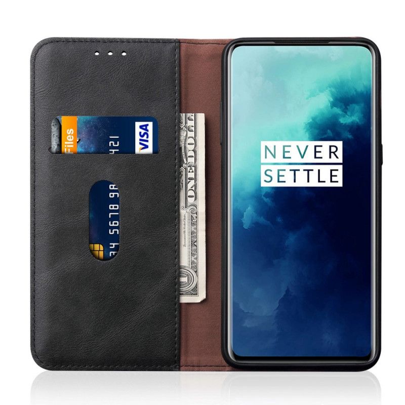 Flip Kotelot OnePlus 7T Pro Czerwony Czarny Efekt Szytej Skóry