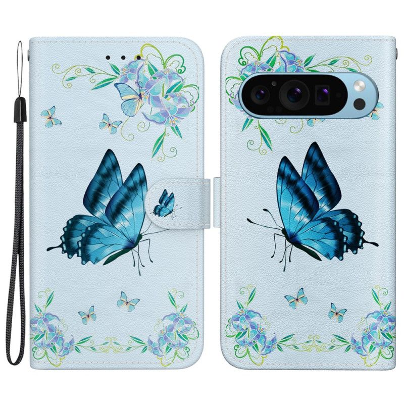 Etui Folio Do Google Pixel 9 Niebieski Motyl I Kwiaty