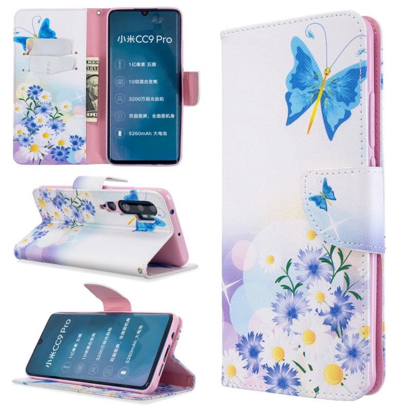 Etui Folio Xiaomi Mi Note 10 / 10 Pro Jasnoniebieski Różowy Malowane Motyle I Kwiaty Etui Ochronne