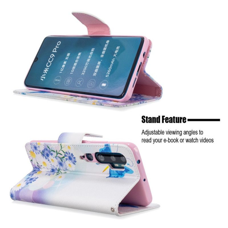 Etui Folio Xiaomi Mi Note 10 / 10 Pro Jasnoniebieski Różowy Malowane Motyle I Kwiaty Etui Ochronne