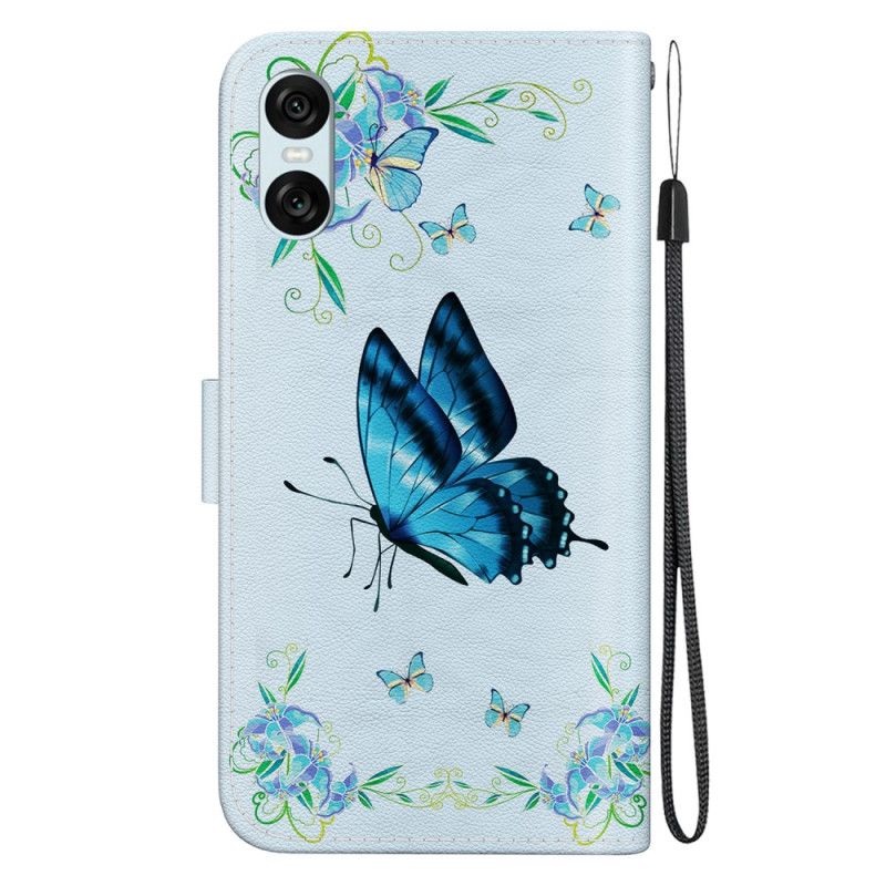 Etui Folio Sony Xperia 10 Vi Niebieski Motyl I Kwiaty Z Paskiem