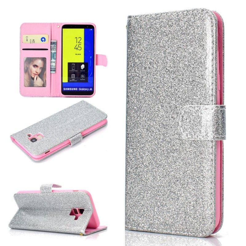 Etui Folio Samsung Galaxy J6 Srebrny Fioletowy Brokat