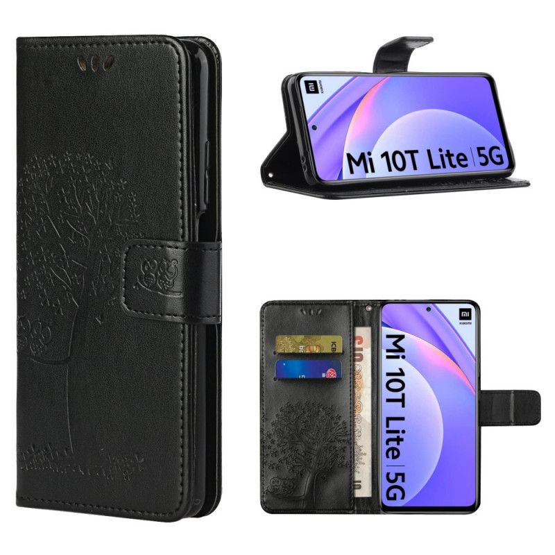 Etui Folio Xiaomi Mi 10T Lite 5G / Redmi Note 9 Pro 5G Szary Czarny Sowy Drzewne I Stringi Etui Ochronne