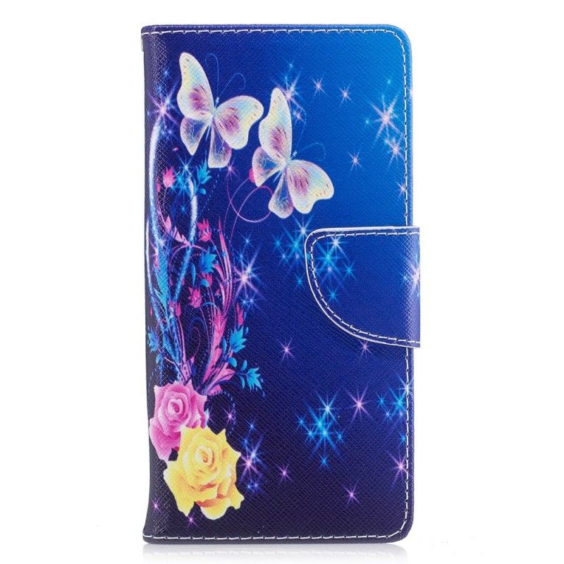 Etui Folio Sony Xperia XA1 Jasnoniebieski Różowy Motyle W Nocy Etui Ochronne