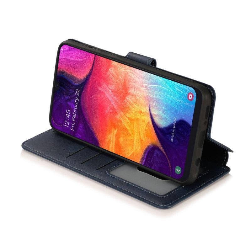 Etui Folio Samsung Galaxy A70 Ciemnoniebieski Czerwony Luksusowy Efekt Skóry Etui Ochronne