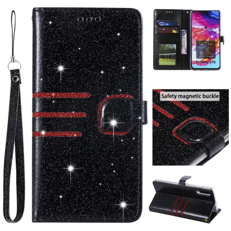 Etui Folio Samsung Galaxy A70 Jasnoniebieski Czarny Designerskie Cekiny Ze Stringami Etui Ochronne