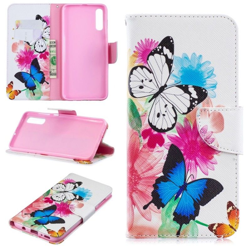 Etui Folio Samsung Galaxy A70 Jasnoniebieski Magenta Malowane Motyle I Kwiaty Etui Ochronne