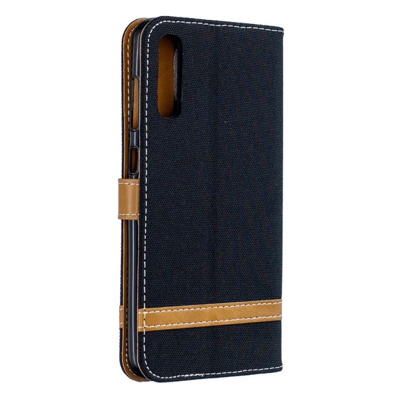 Etui Folio Samsung Galaxy A70 Szary Czarny Efekt Tkaniny I Skóry Ze Stringami