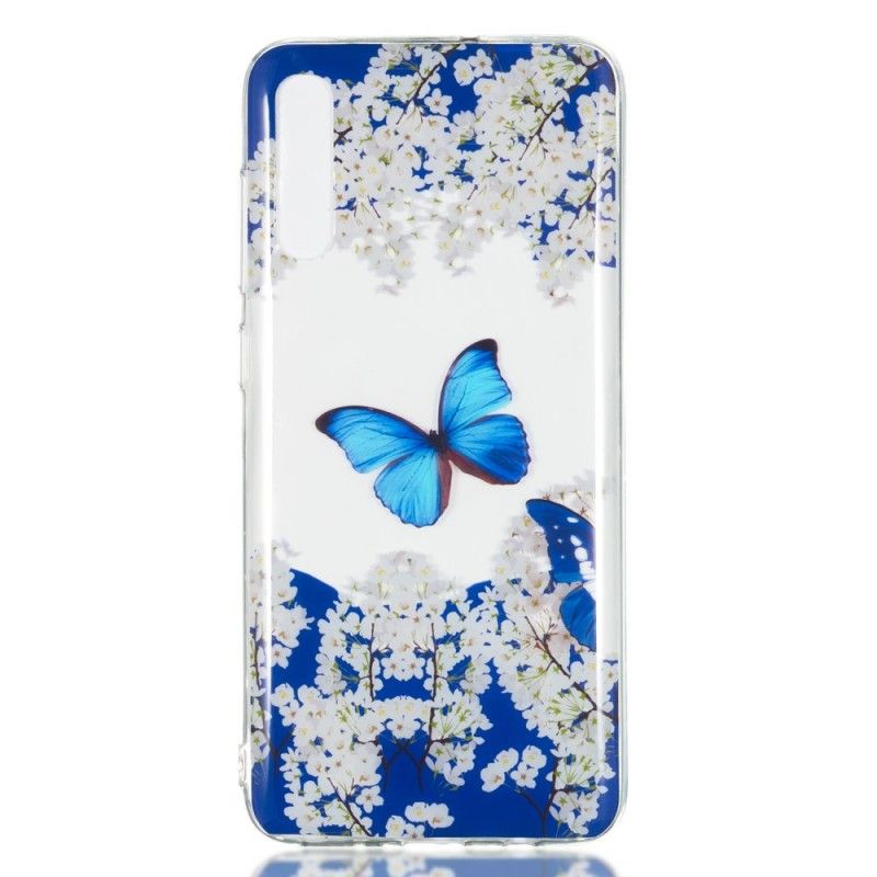 Etui Samsung Galaxy A70 Niebieski Motyl I Zimowe Kwiaty