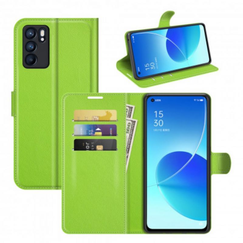 Etui Folio Oppo Reno 6 5g Klasyczne Liczi Sztuczna Skóra Etui Ochronne