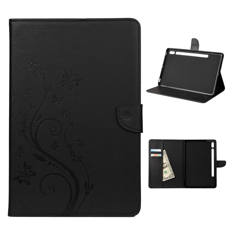 Etui Folio Samsung Galaxy Tab S7 Szary Czarny Kwiatowe Motyle