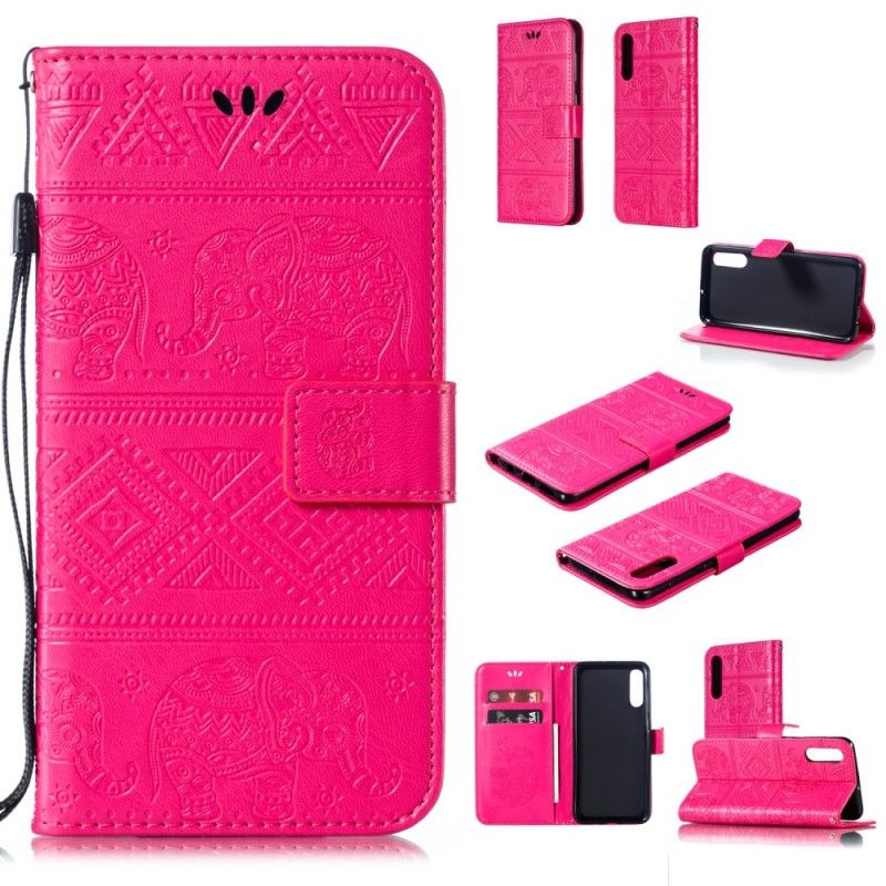 Etui Folio Samsung Galaxy A50 Ciemnoniebieski Magenta Słonie Plemienne Ze Sztucznej Skóry Etui Ochronne