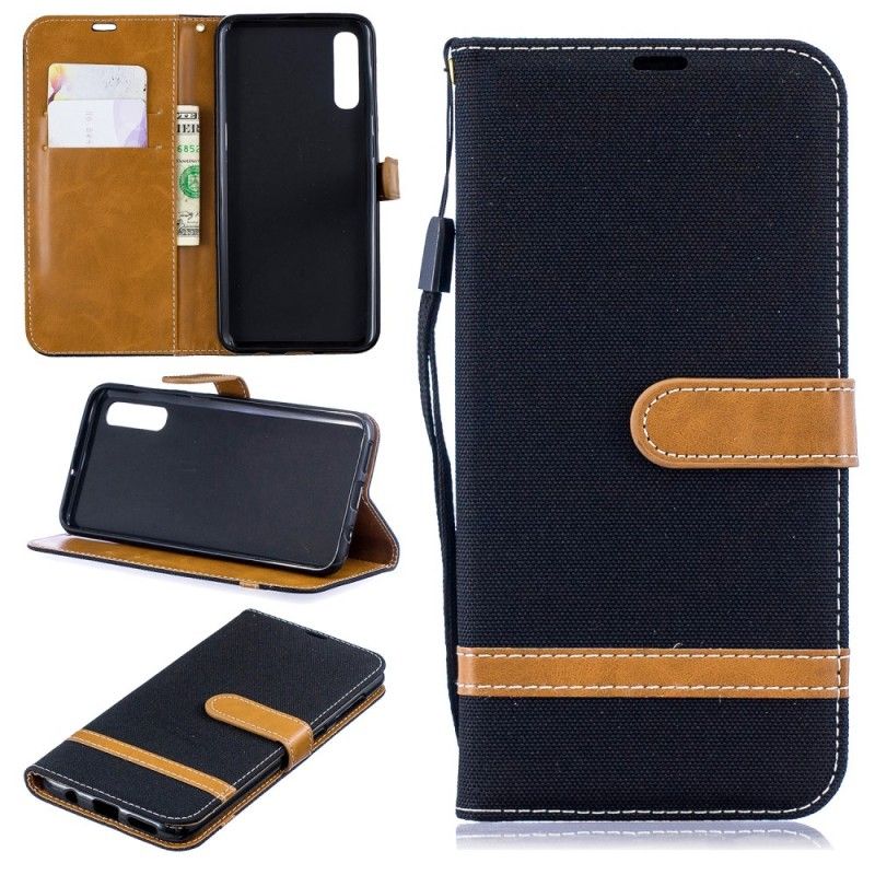 Etui Folio Samsung Galaxy A50 Szary Czarny Efekt Tkaniny I Skóry Ze Stringami