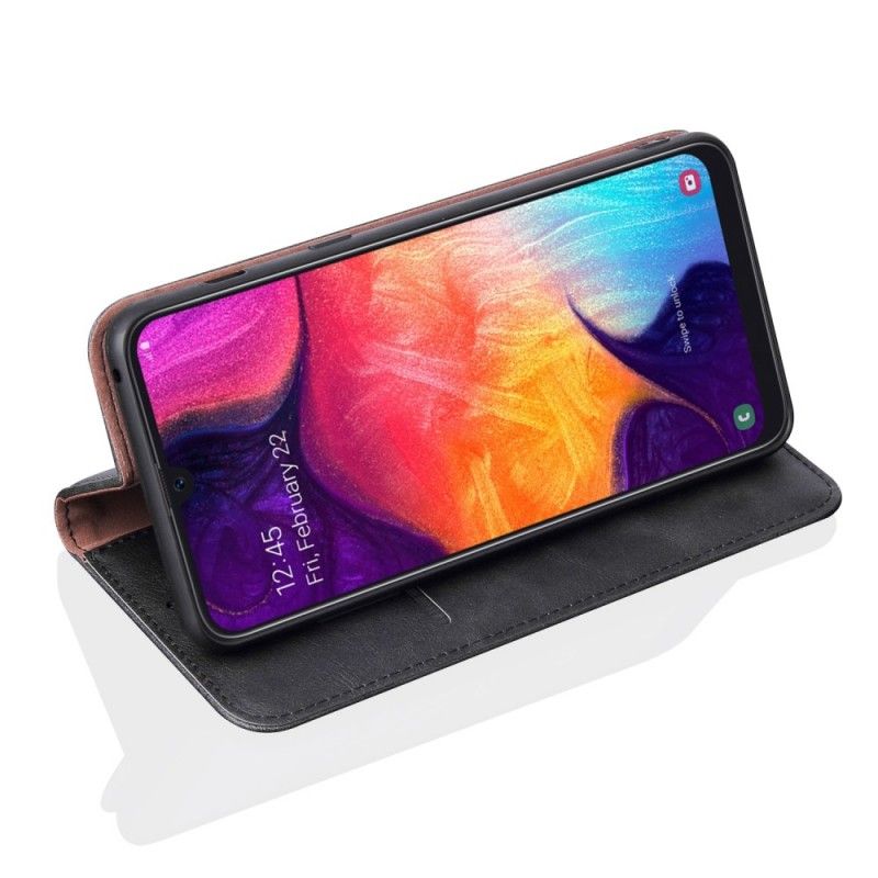 Flip Kotelot Samsung Galaxy A50 Czerwony Czarny Efekt Szytej Skóry