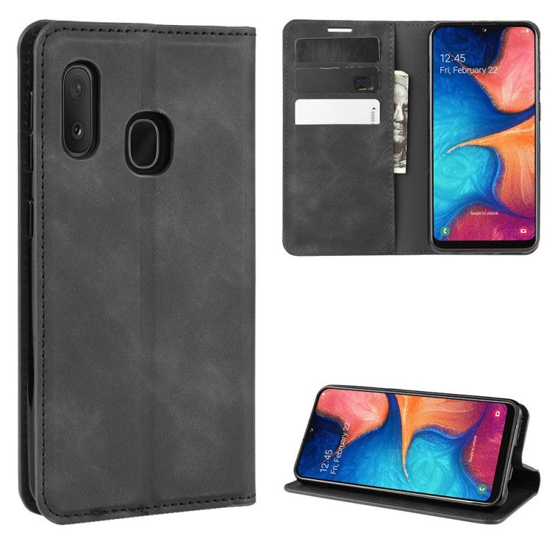 Flip Kotelot Samsung Galaxy A20e Szary Czarny Elegancki Efekt Skóry