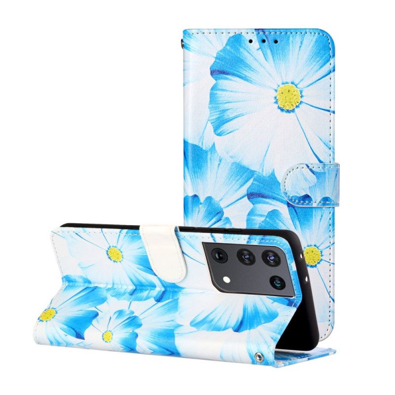 Etui Folio Samsung Galaxy S21 Ultra 5G Jasnoniebieski Czarny Dzikie Kwiaty Etui Ochronne