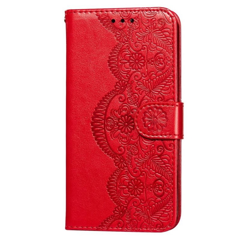 Etui Folio Samsung Galaxy S21 Ultra 5G Jasnoniebieski Czerwony Nadruk Haftu Kwiatowego Etui Ochronne