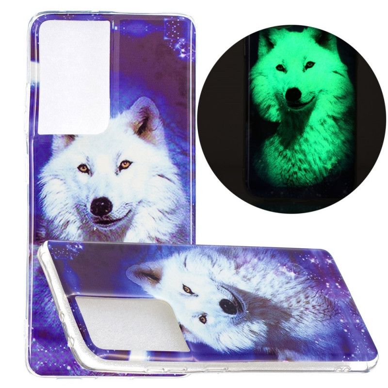 Etui Samsung Galaxy S21 Ultra 5G Ciemnoniebieski Zielony Fluorescencyjna Seria Wilków Etui Ochronne