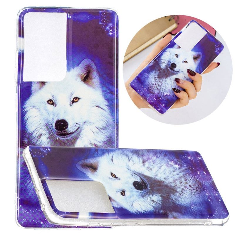 Etui Samsung Galaxy S21 Ultra 5G Ciemnoniebieski Zielony Fluorescencyjna Seria Wilków Etui Ochronne