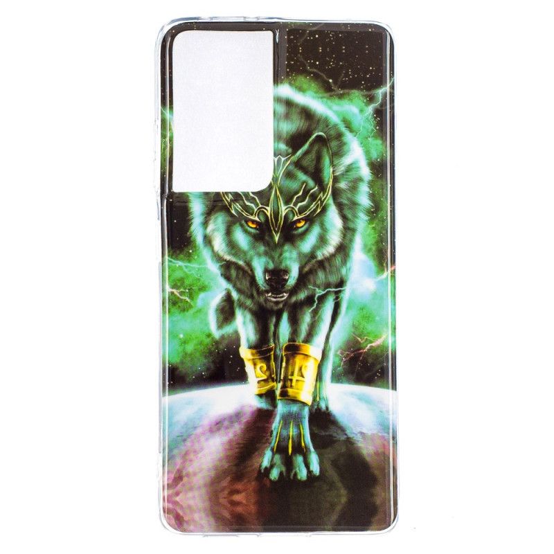 Etui Samsung Galaxy S21 Ultra 5G Ciemnoniebieski Zielony Fluorescencyjna Seria Wilków Etui Ochronne