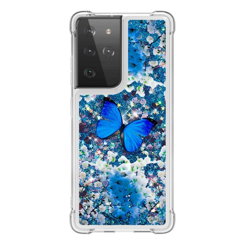 Etui Samsung Galaxy S21 Ultra 5G Niebieskie Motyle Z Brokatem Etui Ochronne
