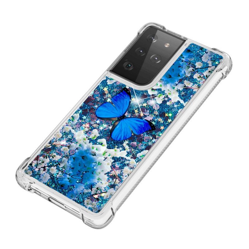 Etui Samsung Galaxy S21 Ultra 5G Niebieskie Motyle Z Brokatem Etui Ochronne