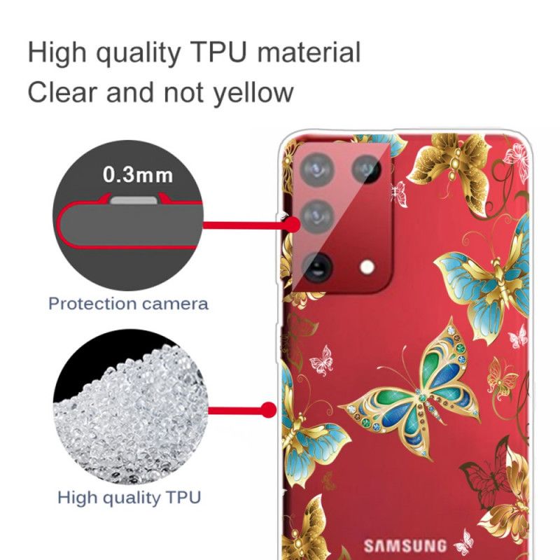 Etui Samsung Galaxy S21 Ultra 5G Złoty Ciemnoniebieski Projektowanie Motyli Etui Ochronne