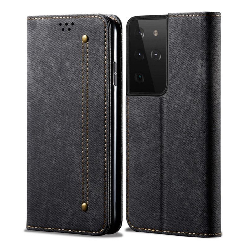 Flip Kotelot Samsung Galaxy S21 Ultra 5G Granatowy Czarny Tkanina Dżinsowa Etui Ochronne