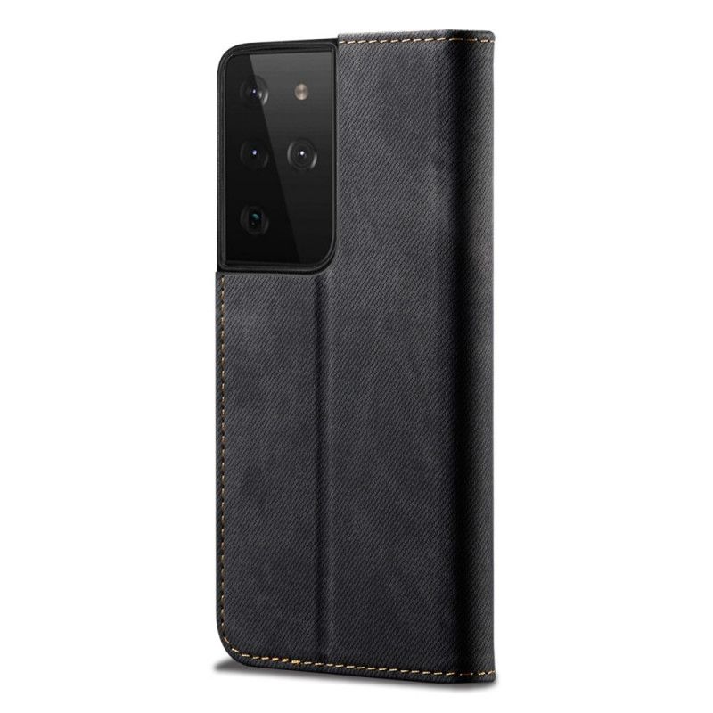 Flip Kotelot Samsung Galaxy S21 Ultra 5G Granatowy Czarny Tkanina Dżinsowa Etui Ochronne