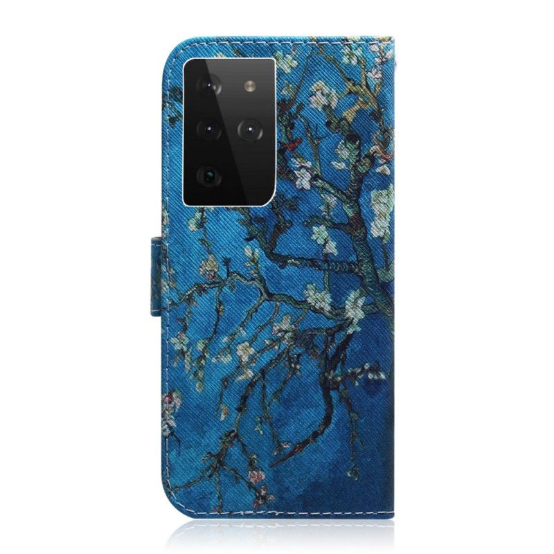 Skórzany Futerał Samsung Galaxy S21 Ultra 5G Etui na Telefon Kwitnąca Gałąź