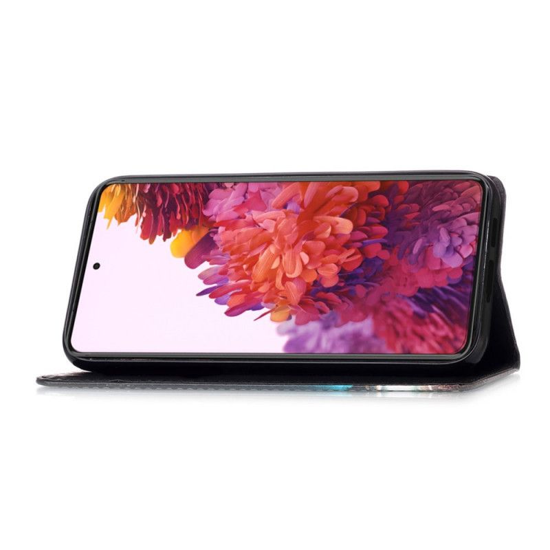 Skórzany Futerał Samsung Galaxy S21 Ultra 5G Pomarańczowy Czarny Etui na Telefon Kociak