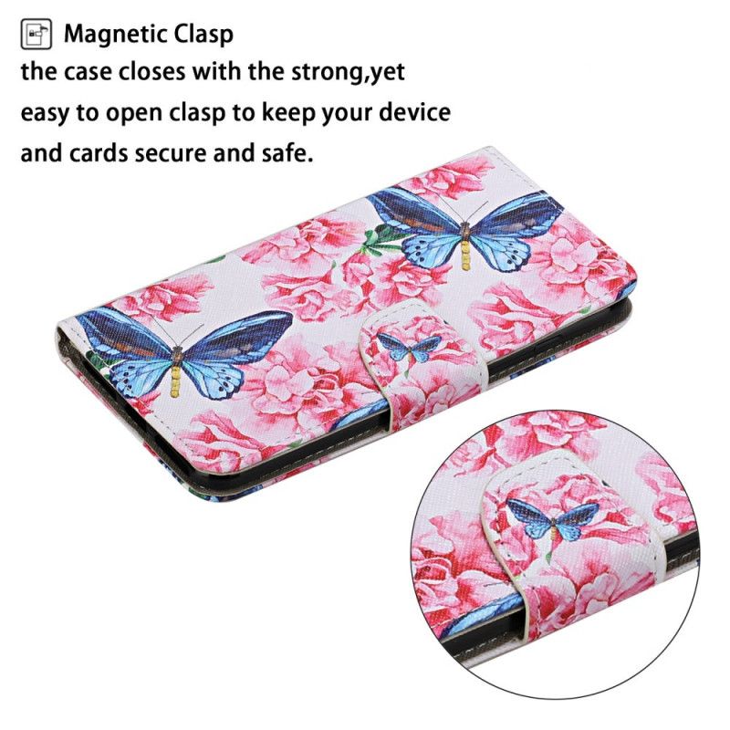 Skórzany Futerał Samsung Galaxy S21 Ultra 5G Różowy Magenta Etui na Telefon Stringi W Kwiatowe Motyle
