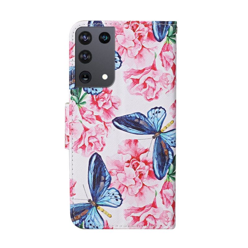 Skórzany Futerał Samsung Galaxy S21 Ultra 5G Różowy Magenta Etui na Telefon Stringi W Kwiatowe Motyle
