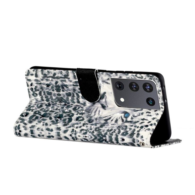 Skórzany Futerał Samsung Galaxy S21 Ultra 5G Szary Biały Etui na Telefon Plamy Lamparta Z Paskiem