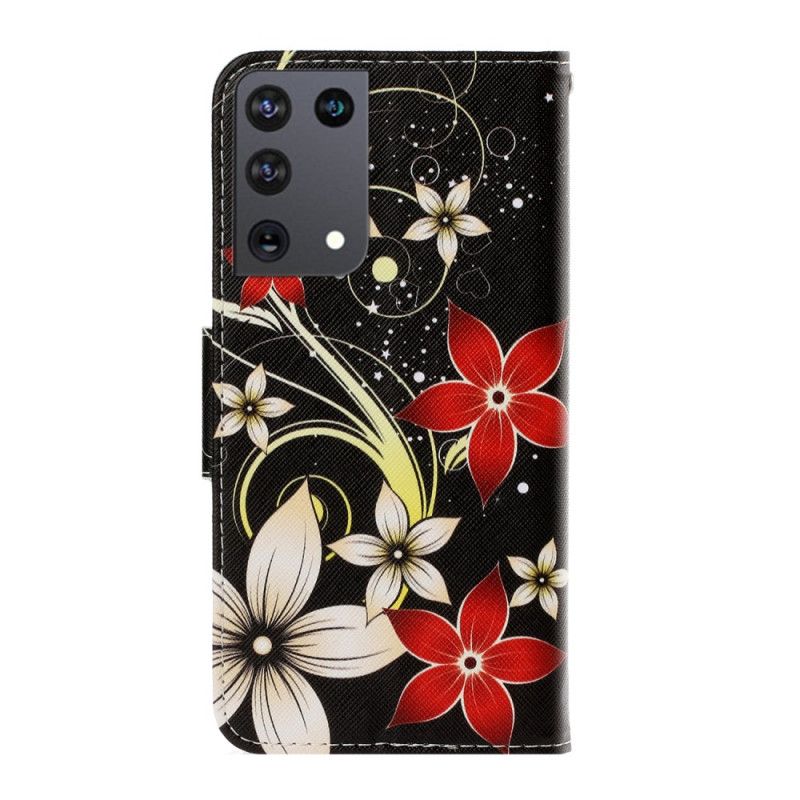Skórzany Futerał Samsung Galaxy S21 Ultra 5G Szary Czarny Etui na Telefon Kolorowe Kwiaty Ze Stringami